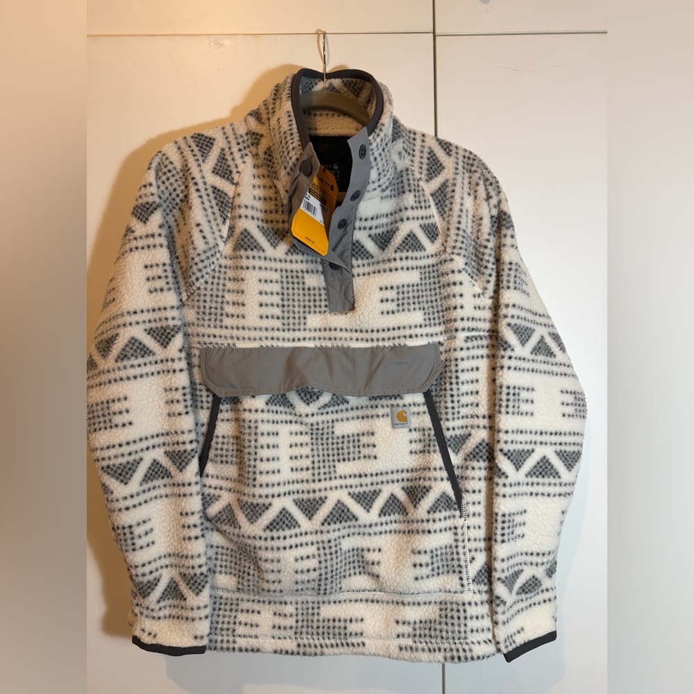 NWT Carhartt Cream and Gray Geometric Fleece Pullover Size MED